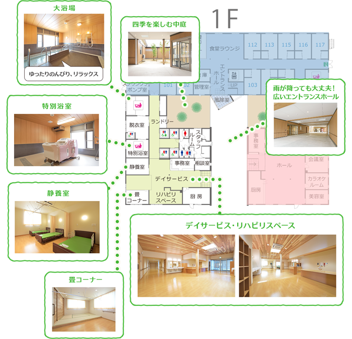 大浴場 ゆったりのんびり、リラックス　四季を楽しむ中庭　雨が降っても大丈夫！広いエントランスホール　特別浴室　静養室　畳コーナー　デイサービス・リハビリスペース　ランドリー　脱衣室　特別浴室　静養室　畳コーナー　スタッフルーム　事務室　相談室　デイサービス　リハビリスペース　厨房