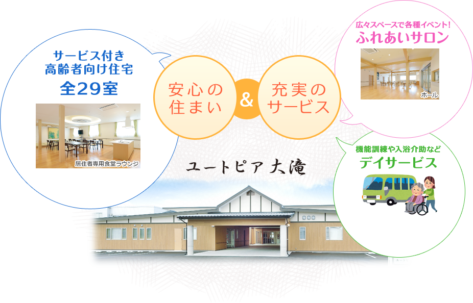 安心の住まい＆充実のサービス　ユートピア大滝　サービス付き高齢者向け住宅全29室 居住者専用食堂ラウンジ　広々スペースで各種イベント！　ふれあいサロン　ホール　機能訓練や入浴介助などデイサービス